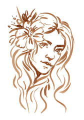 woman with long hair coffee painted for card illustration background