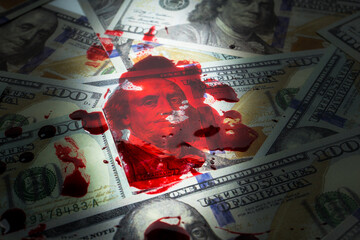 Dollars in red blood stains. Arrested for illegal crime. Broken the law. Bribe concept. Criminal...