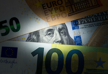 American dollars and euro money. Inflation rates. Price growth. Economy crisis, poverty,...
