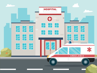 Fototapeta na wymiar Hospital landscape with ambulance car