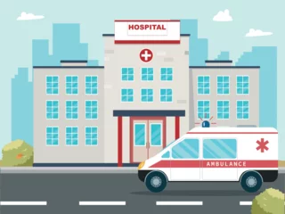  Hospital landscape with ambulance car © Валентина Коломеец