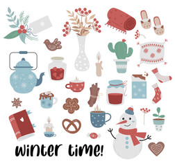 Cozy winter time. Collection of winter comfort items pillow, plaid, book and snowman, jam and Christmas gift tag. Vector illustration. isolated colored elements in flat style for design and decor.