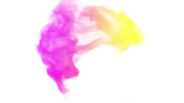 Pink and yellow colored ink drop into water on white isolated background. Slow motion blue smoke animation