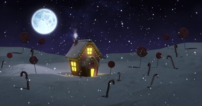 Animation of christmas cottage in winter at night with candy canes, lollipops, moon and falling snow