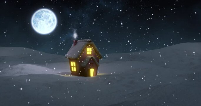 Animation of christmas cottage in winter landscape at night, with full moon and falling snow