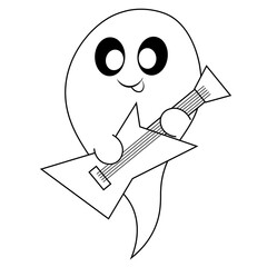 Cute Ghost with electric guitar. Draw illustration in black and white