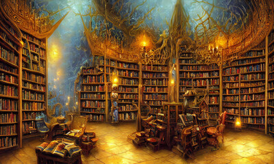 beautiful old fantasy library full of magical books - obrazy, fototapety, plakaty