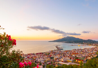 Sunrise. Bochali viewpoint in Zante, Zakynthos, Greece, popular travel destination. Bochali is a hill with holy temple of Zoodochos Pigi in Mpochali, in Ionian island of Zakynthos.