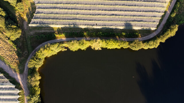 Chemin en bord de lac et d'une p&eacute;pini&egrave;re. Sentier ondulant &agrave; travers les parcelles agricoles.