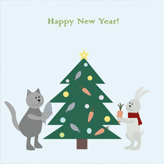 New Year's card with a cat rabbit and a Christmas tree