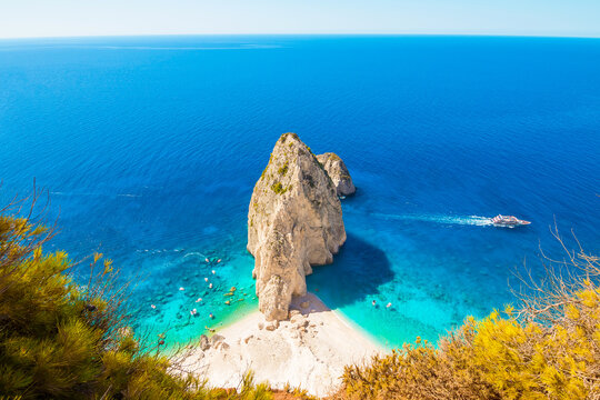 Aerial view of Mizithres cliff rock in Zakynthos Ionian island, Greece.