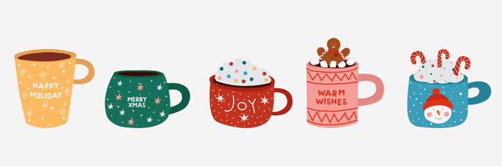 Christmas holiday hot drinks set. Colorful winter mugs in flat style. Xmas hot beverages vector illustration.