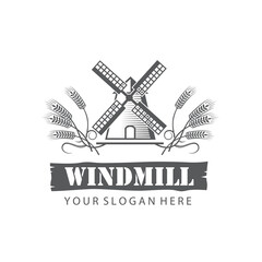 monochrome illustration of windmill and wheat ears isolated on white background