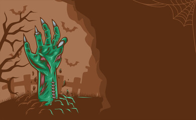 Halloween holiday banner background. Horrible zombie hands out. background design template