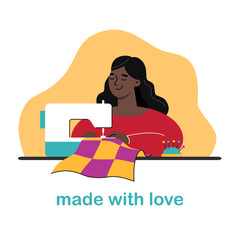 Happy woman sewing patchwork. African American woman seamstress at her workplace with sewing machine. Fashion designer, dressmaker. Vector illustration for Cutting and sewing courses