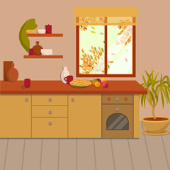 Cozy, warm, autumn kitchen. With a window, homemade cake, houseplants, oven and kitchen utensils. Home atmosphere. Interior background
