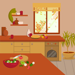 Cozy, warm, autumn kitchen. With window, dining table, homemade cake, houseplants, oven and kitchen utensils. In the foreground is a table on which a salad is being prepared. Interior background
