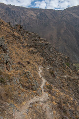 View of the mountain trail to the Pinkuylluna ruins in Ollantaytambo, Peru.
