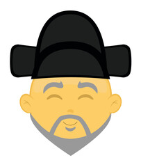 Vector emoji illustration of a cartoon older Asian man, with a beard and a classic samo hat of korean culture