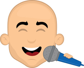 Vector illustration of the face of a bald man cartoon singing with a microphone in his hand