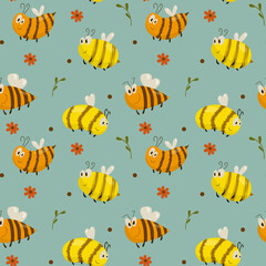 Vector pattern with bees and flowers on a blue background