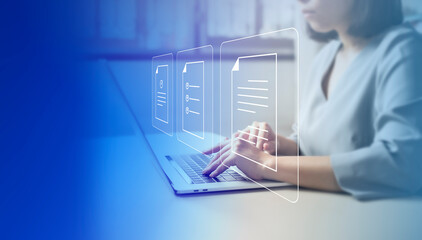 Document Management System Online Document Database and automated processes to manage files and ERP, enterprise business technology. businesswomen using virtual screen to DMS.