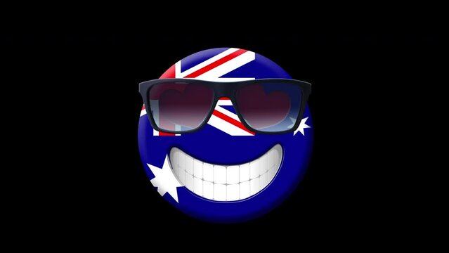 Australia.Animation Of Smiling Face With Australian Flag, Sunglasses And Heart-shaped Eyes.Animated Emoji. Smiley Face Icon Animation On Black Background.Emoticon Motion Design Video.