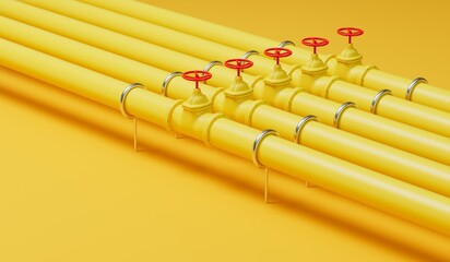 Yellow gas or oil industry pipe lines with red valves. 3D Rendering