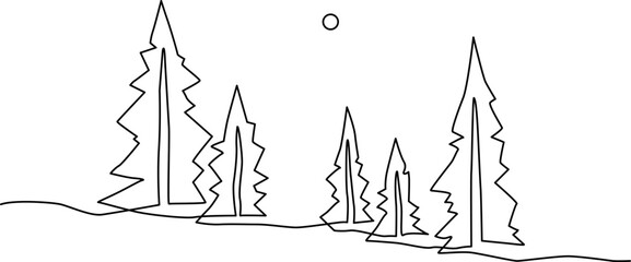Young spruce trees in the field. Landscape. Continuous line drawing. Vector illustration.