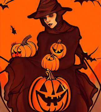 Obra digital dedicada a Halloween: tiempo de brujas y calabazas. 