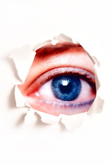 female blue eye behind a hole in a teared white paper