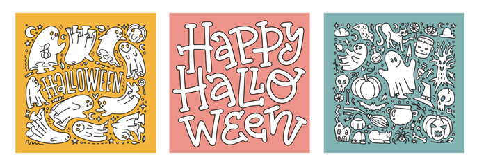Set of Halloween doodle lettering cards with Ghost characters. Scary spook monsters, dead boo ghosts and cute funny boohoo spooky fly curious devil phantom in costume. Vector linear illustration.