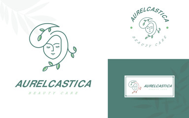 Woman face with Flower Hair Icon, Linear Style female face logo design. The Concept of Natural Beauty.