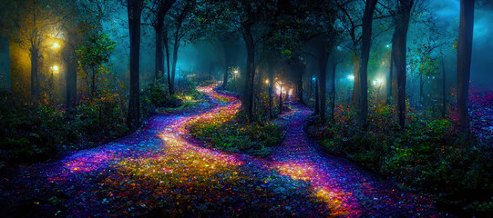 Wallpaper of crossroads, two path paved with stained glass winding through the forest, Generative AI. 