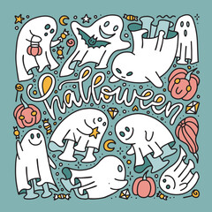 Hand Drawn Ghost Doole Sketch with Ghost characters and Calligraphy lettering Text. Phantoms Collection Icons for Halloween Banners, Cards, Posters. Childish Scary spook. Vector linear Illustrations