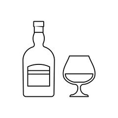 Cognac bottle and glass. Linear icons beverages isolated on white background. Outline black alcoholic drinks with wineglasses in flat design. Thin line objects. Vector illustration.