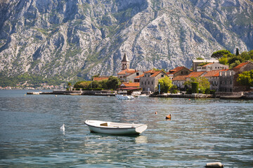 Beautiful view of a small seaside village Donji Stoliv on a summer day. Bay of Kotor, Tivat, Montenegro - obrazy, fototapety, plakaty