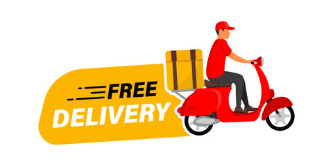 Free delivery. Banner with courier on a scooter delivers a package. Free shipping order. Fast delivery badge for advertisement. Express delivery with man on scooter. Vector illustration