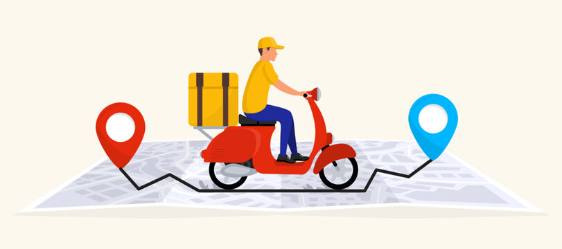 Online delivery service with courier by scooter. Fast and free delivery. Tracking courier by map with location pin, order tracking. Urgent shipping. Quick delivery service for home and office