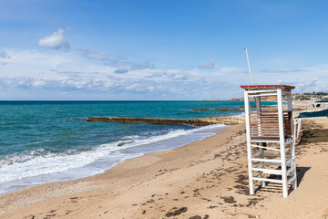 A rescue tower at the empty beach. Black sea coast