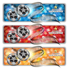 Vector set of three shining abstract cinema banners with film reels and film strips in front of glittering lights