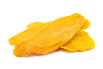 Fototapeta na wymiar Mango isolate. Pieces of dried mango on a white background close-up