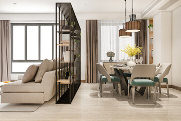 3d rendering loft luxury living room with shelf near dining table