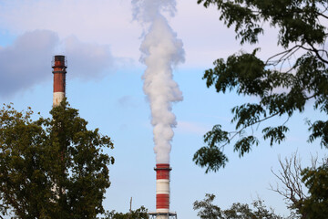 Biały ciężki dym wylatuje z komina elektrowni węglowej.  - obrazy, fototapety, plakaty