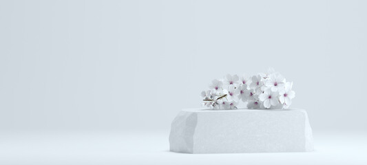 3d cosmetic background. japanese style minimal stone podium and white cherry blossom background for product presentation. 3d rendering illustration..