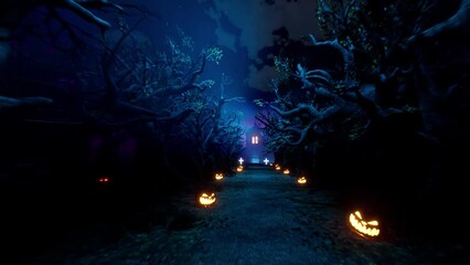 Halloween night road to the house of evil. Terrible pumpkins along the road and death standing in the window.