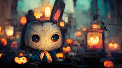 Cute and spooky halloween bunny monster in graveyard with glowing pumkins and lanterns