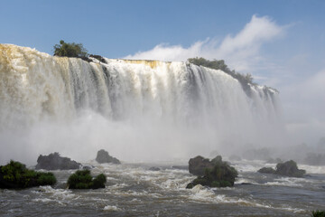 Beautiful view to big atlantic rainforest waterfalls in Iguazu Falls
