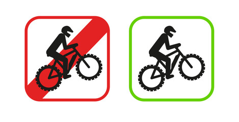 Obraz premium Fahrrad erlaubt, verboten Schild, Icon zur Verdeutlichung wo Elektro Fahrräder erlaubt sind. Hinweis Schild auf Wanderwegen