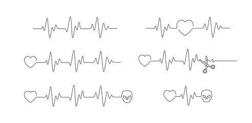 Set with heart beat pulse diagrams outline style vector illustration. Concept cardiograms from life to death